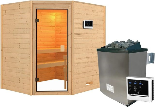 Karibu Sauna Elea Set Naturbelassen in Braun mit 9 kW Ofen und externer Steuerung - Bild 1