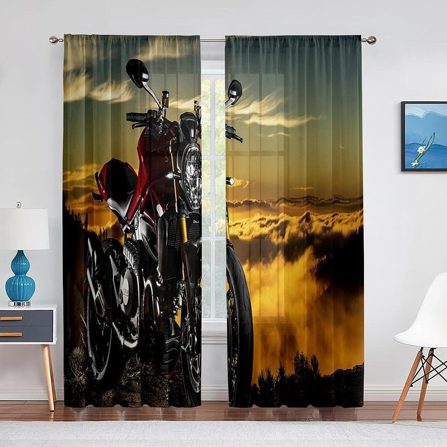 Transparenter Tüllvorhang mit Motiven von Dirtbike-Motorrad-Motocross-Fahrern von Super Six, Farbe Multicolour, Breite: 100 cm, Höhe: 250 cm - Bild 1