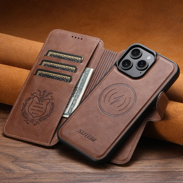 Suteni Magnetische Flip-Cover Handyhülle aus PU-Leder mit Kartenhalter und Standfunktion für iPhone, erhältlich in Blau und Braun - Bild 1