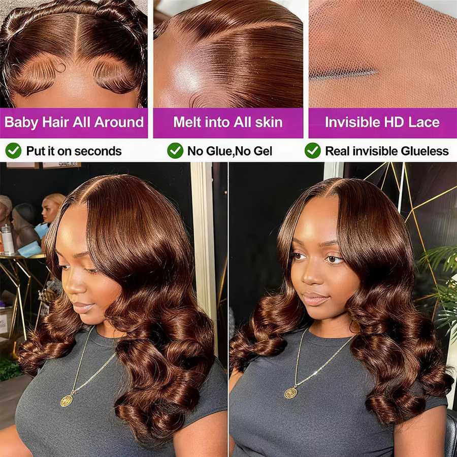 HJ WEAVE BEAUTY Bob-Perücke, 100 % Echthaar, schokoladenbraun, gewellt, Damen - Bild 3