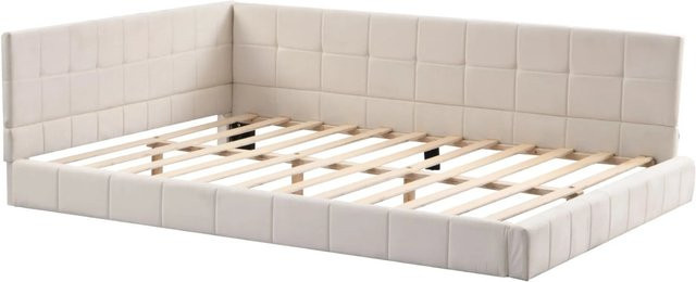Merax Schlafsofa im Mid-Century Design aus Samt mit Schubladen in Beige, B/T/H: 206 x 140 x 76,5 cm - Bild 1