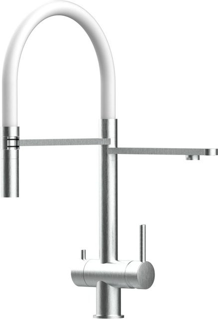 VIZIO Küchenarmatur aus Edelstahl mit 3-Wege-Funktion, 360 Grad schwenkbarem Auslauf und abnehmbarer 2-Strahl Handbrause, gebürstet, Weiß/Silber - Bild 1