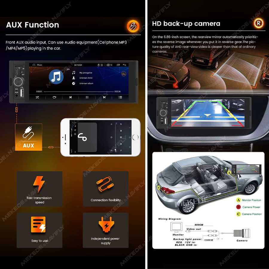 MEKEDE OD8 1DIN MP5 Autoradio mit 6,86 Zoll Touchscreen, Wireless Carplay und Android Auto, Bluetooth, USB, AUX, FM Radio, Schwarz - Bild 2