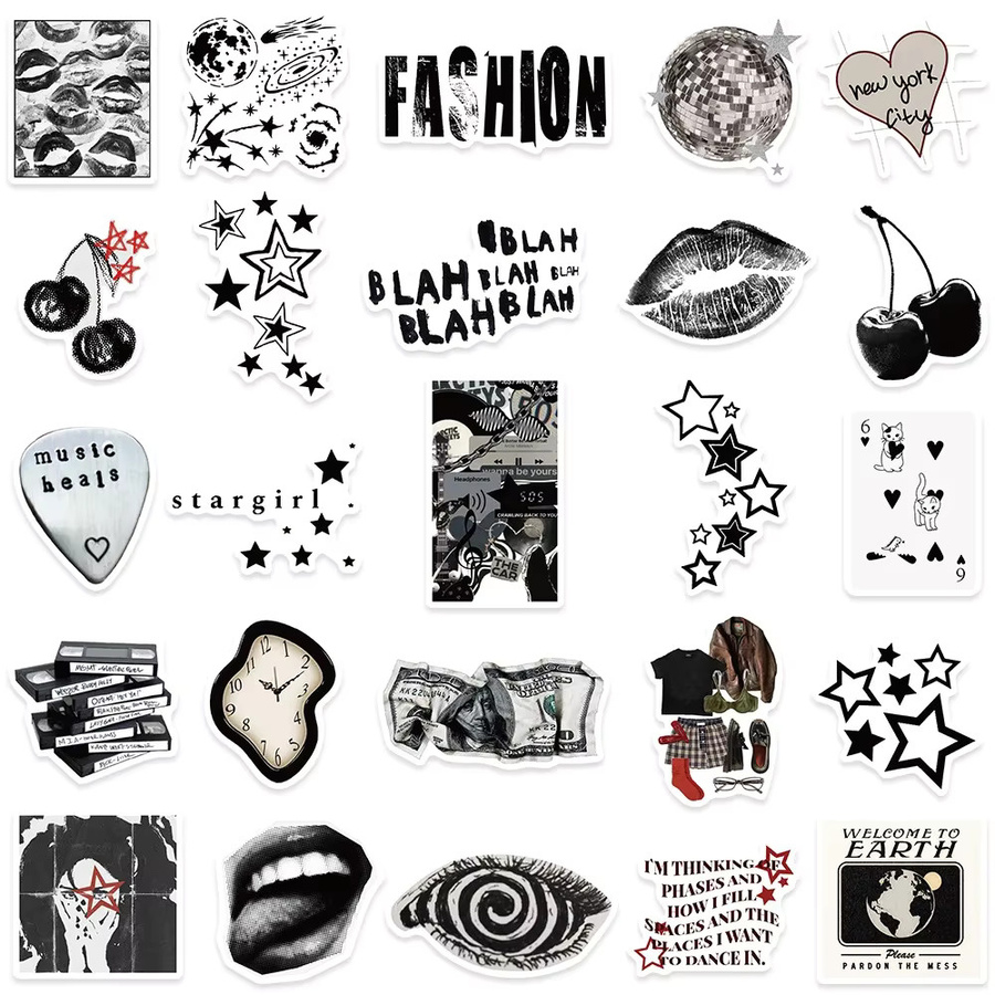 GOGOTU Retro Schwarz und Weiß Y2K Mädchen Ästhetische Aufkleber, 50-teiliges Set - Bild 3