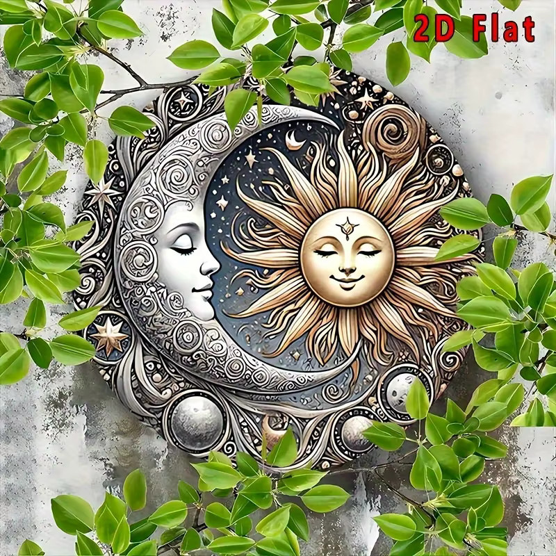 Potdemiel Vintage Celestial Sun & Moon Aluminium-Wandkunst, Rundes Metallschild mit Planeten-Design in Multicolour, Durchmesser: 20 cm - Bild 4