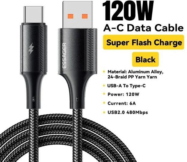 Essager USB Typ C Schnellladekabel 6A für Xiaomi Realme Huawei Samsung OPPO, 1m, schwarz - Bild 1