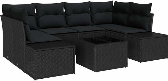 vidaXL Garten-Sofa-Set 7-teilig aus Poly Rattan in Schwarz mit Polsterkissen in U-Form - Bild 1