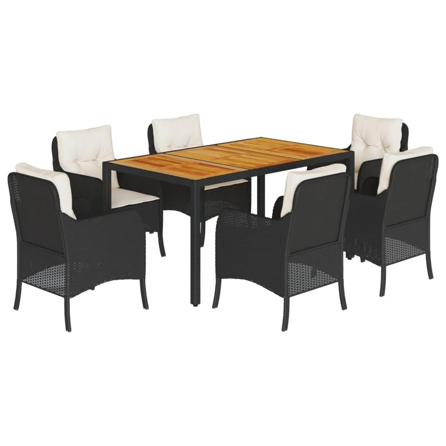 vidaXL 7-teilige Garten-Essgruppe aus Poly-Rattan und Akazienholz in Schwarz mit Kissen - Bild 2