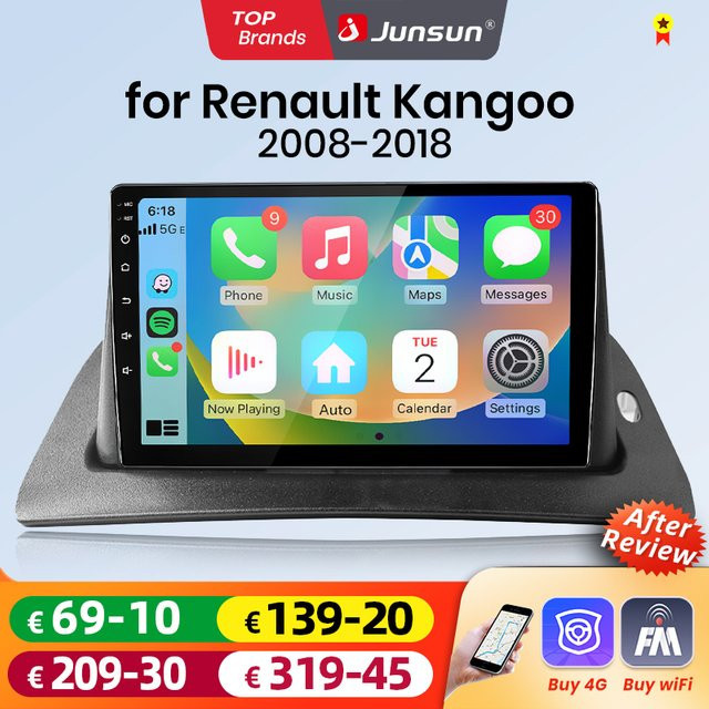 Junsun Android Auto Autoradio für Renault Kangoo mit Wireless CarPlay, GPS, Navi und DSP in Schwarz - Bild 1