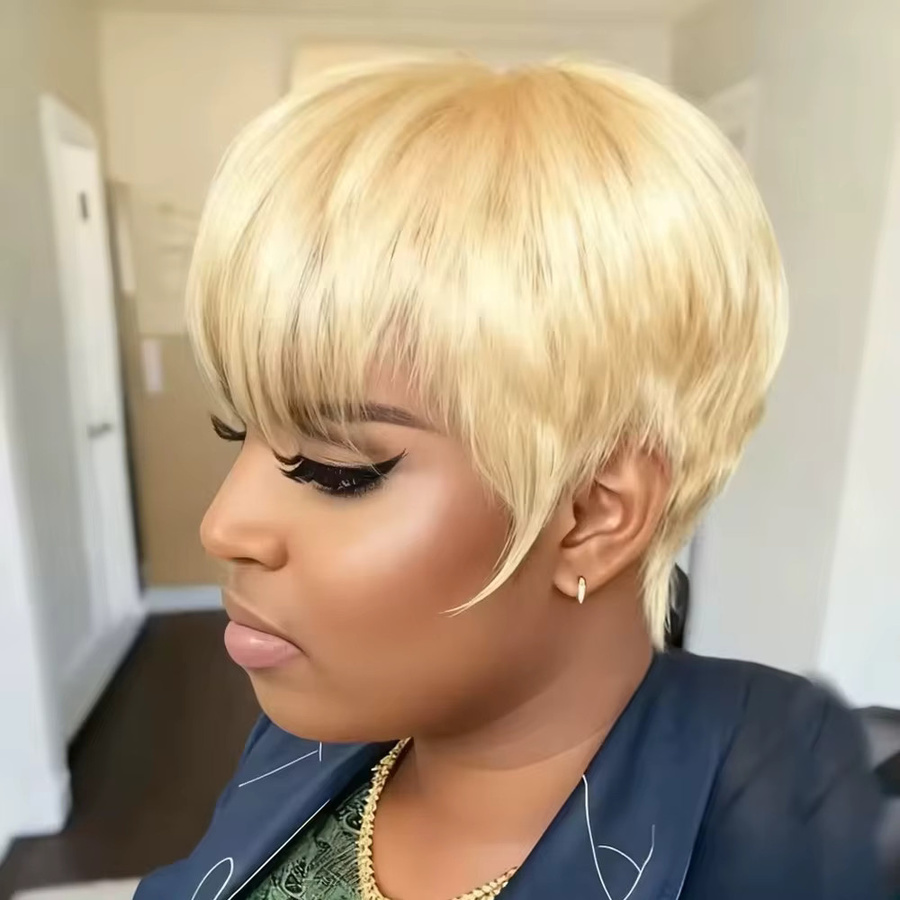 OYM HAIR Blonde Pixie-Cut-Perücke mit Pony, brasilianisches Remy-Echthaar, glatt, geschichtet, Damen - Bild 3