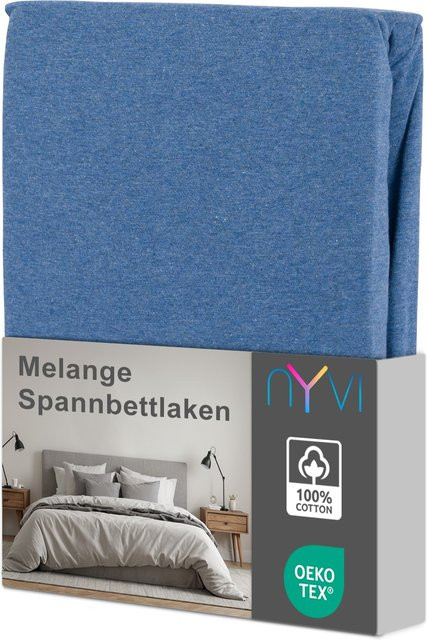 NYVI Spannbettlaken DreamScience Melange aus 100% Baumwolle in Jeansblau mit Vintage Leinenoptik, bügelfrei und Einlaufschutz für Matratzen bis 22 cm Höhe, Größe: 180 x 200 cm bis 200 x 200 cm - Bild 1