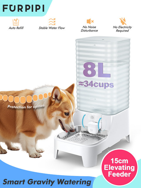 Furpipi Automatischer Hundewassernapfspender in Weiß, 8L erhöhte Haustiertränke aus Edelstahl mit patentiertem Wasserhahn für Katzen und Hunde - Bild 1