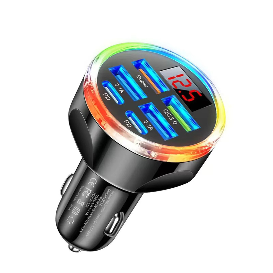 UYUXIO 6-in-1 Autotelefon-Ladegerät-Adapter mit Dual PD USB-C Ports und Voltmeter in Schwarz - Bild 6