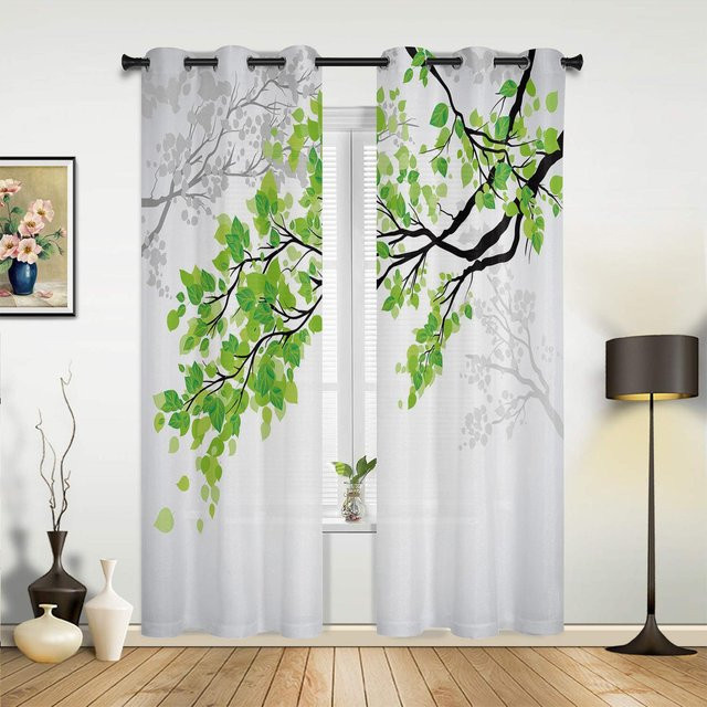Yiran Furniture Vorhänge mit Palmenblatt-Design in Gelb, Grau und Weiß, semi-transparent, B: 135 cm, H: 245 cm - Bild 1