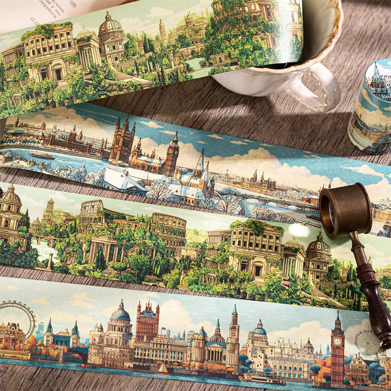 JIANQI PET Washi Tape Vintage Europäische Reise Design für Scrapbooking und DIY Notebook Dekoration, Mehrfarbig, Breite: 6,5 cm, Länge: 2 m - Bild 4