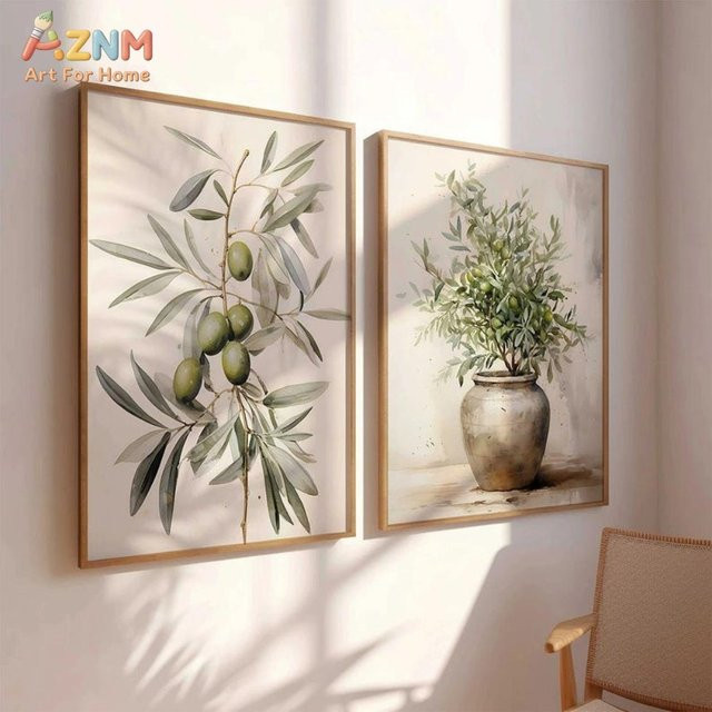 AZNM Leinwanddruck Salbeigrüner Olivenzweig im Topf als minimalistische mediterrane Wandkunst in Aquarell-Optik - Bild 1
