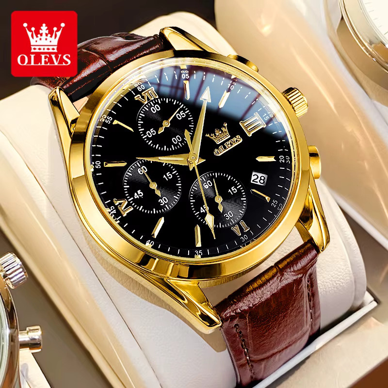 OLEVS Chronograph, Quarz, Lederarmband, Schwarz, Herren - Bild 3