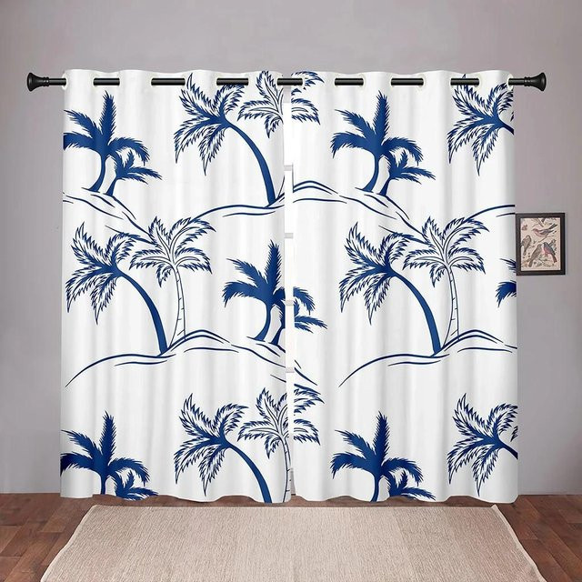 Yiran Furniture Verdunkelungsvorhang Cartoon Kokospalme in Blau mit Ösen, B: 55 cm, H: 120 cm - Bild 1