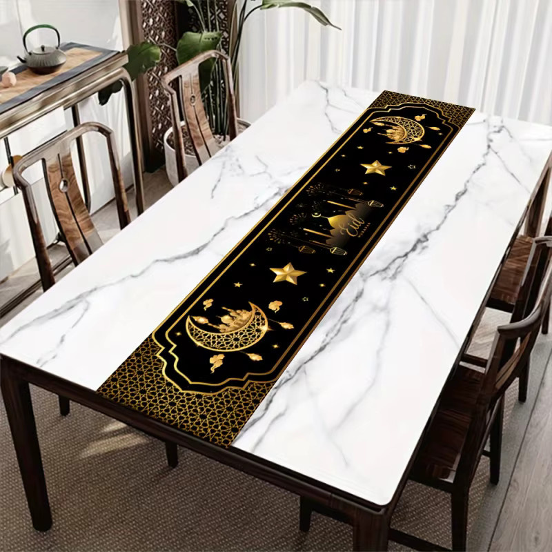 VIKAMA Tischläufer Ramadan in Schwarz-Gold mit Stern- und Mond-Motiv aus Leinen, B/H: 90 x 33 cm - Bild 4