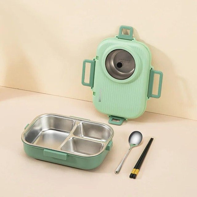 SEEQS Edelstahl-Lunchbox mit 3 Fächern und Suppenschüssel, auslaufsicher, grün - Bild 1