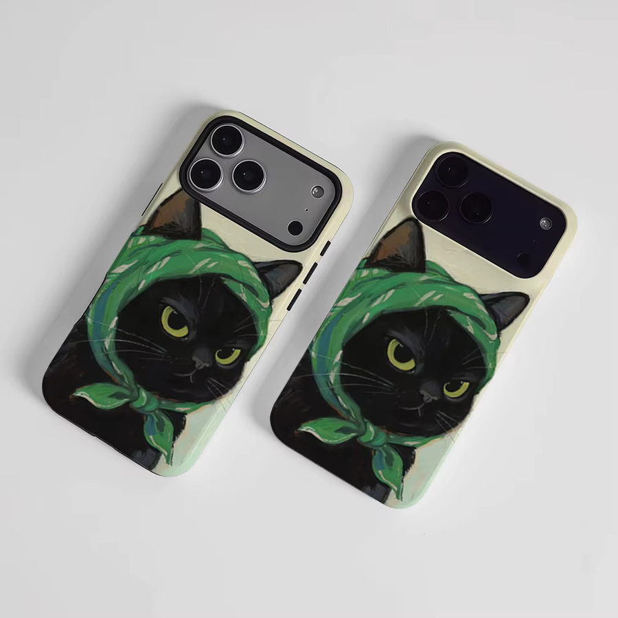CaseLumi Matte Bumper MagSafe Hülle für iPhone 17 16 15 Pro Max Plus mit Schwarzer Katze und Grünem Kopftuch in Schwarz und Grün - Bild 2