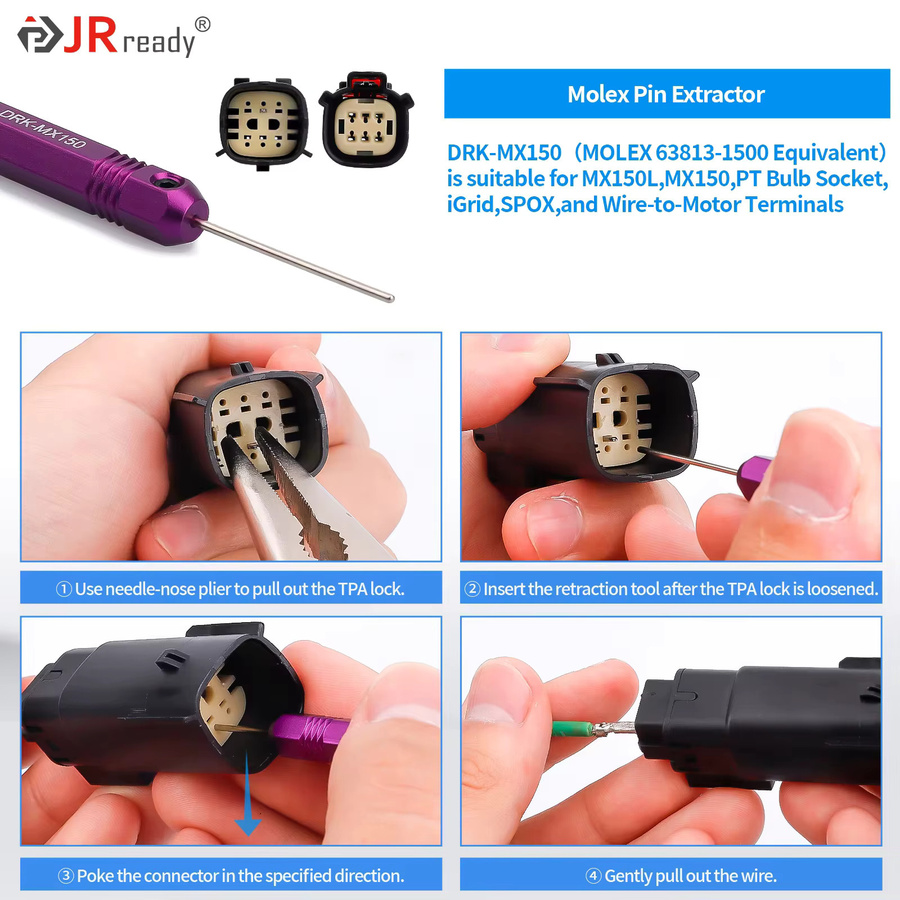 JRready Verriegelungs-Tang-Extraktor für männliche und weibliche Anschlüsse in Molex MX150L, MX150PT, Glühlampenfassungen, IGrid und Wire-to-Moto, Lila - Bild 3