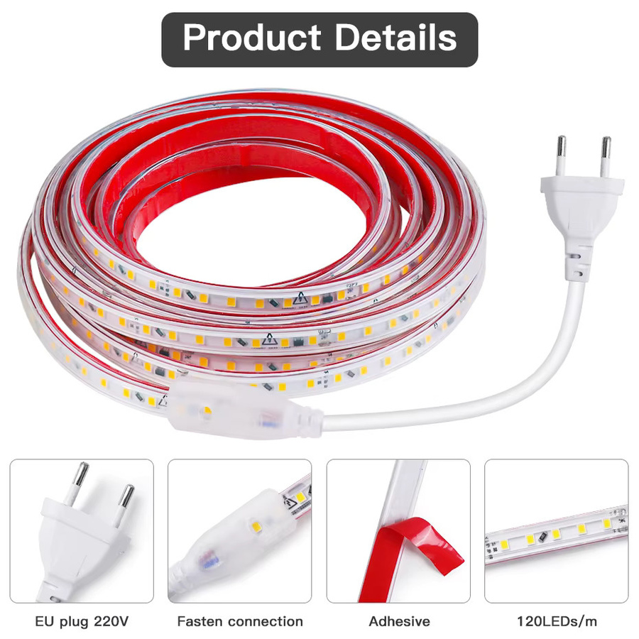 FastDeng LED-Streifen SMD2835 mit 120 LEDs/m, IP67 wasserdicht, weißes Klebeband für Haus und Garten, AC220V - Bild 2