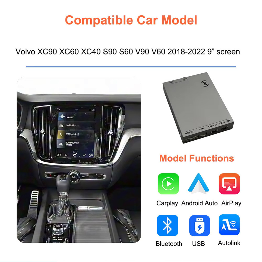 Bonroad Wireless CarPlay und Android Auto Nachrüstkit-Modul mit Airplay Mirroring für Volvo V60 V90 S60 XC40 XC60 XC90 S60 S90 (2018-2022), Schwarz - Bild 2
