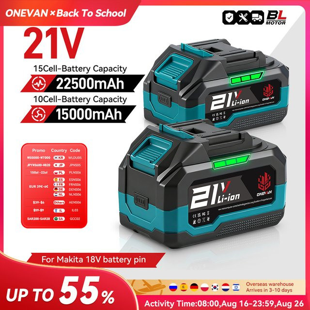 ONEVAN Lithium-Akku 22500mAh für 21V 18V Makita Elektrowerkzeuge mit Kapazitätsanzeige, Schwarz - Bild 1