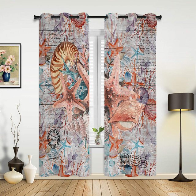 Super Six Vorhang mit Marine-Motiv in Grau und Multicolour, semi-transparentes Stoffpaneel mit Seesternen und Muscheln, Breite: 135 cm, Höhe: 60 cm - Bild 1