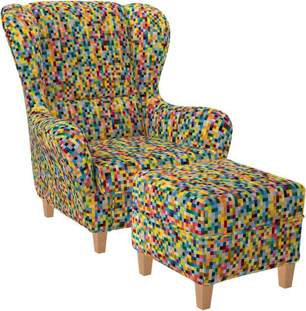 Supellex Sofia Ohrensessel mit Hocker im Design Pixel, kariert, mehrfarbig
