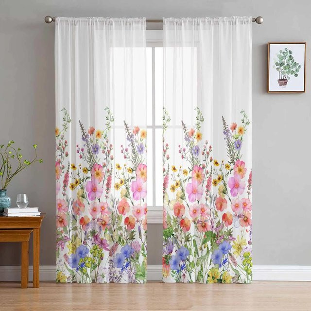 Yiran Furniture Transparenter Retro-Vorhang mit floralem Wildblumen-Design aus Tüll und Organza, B: 135 cm, H: 137 cm - Bild 1