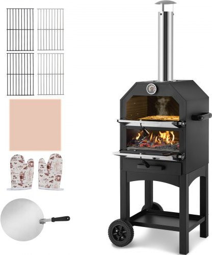 VEVOR Outdoor Pizza Ofen mit Holzfeuerung, 2-lagiges Design, 12 Zoll, bis 370 Grad Celsius, mit 2 abnehmbaren Rollen - Bild 1