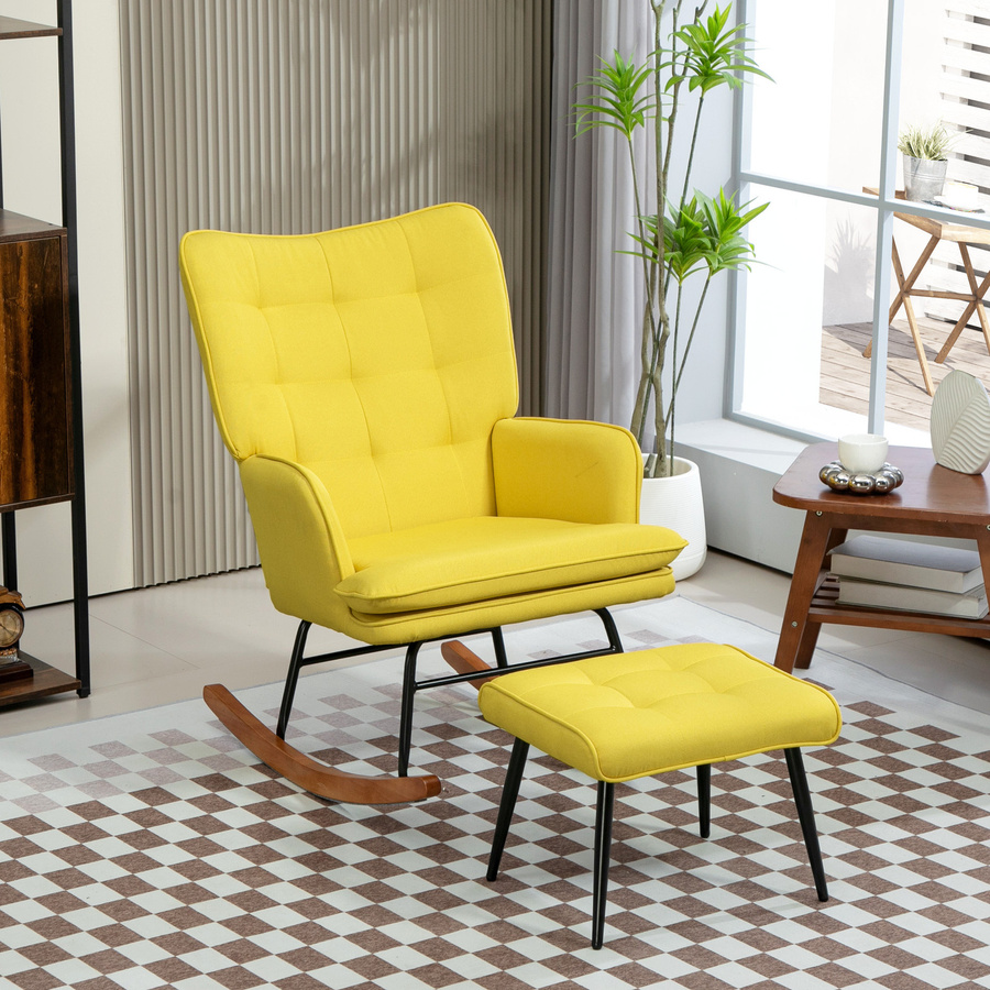 HOMCOM Schaukelstuhl mit Hocker in Beige, Relaxsessel mit Armlehnen in Leinenoptik für Wohnzimmer und Schlafzimmer - Bild 2