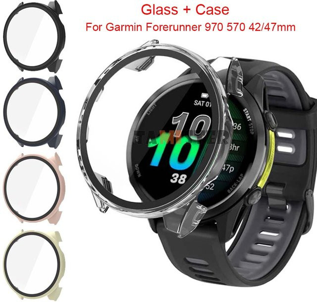 TAMISTER Schutzhülle mit gehärtetem Glas für Garmin Forerunner 970 570 47mm 42mm Bumper Screen Protector Rahmen in Schwarz - Bild 1