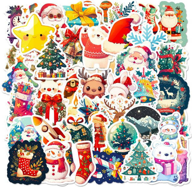 50 Stück Weihnachtsaufkleber mit süßen Cartoon-Charakteren und Tieren, Multicolor, Dekorativ für Frohe Weihnachten und ein Frohes Neues Jahr - Bild 1