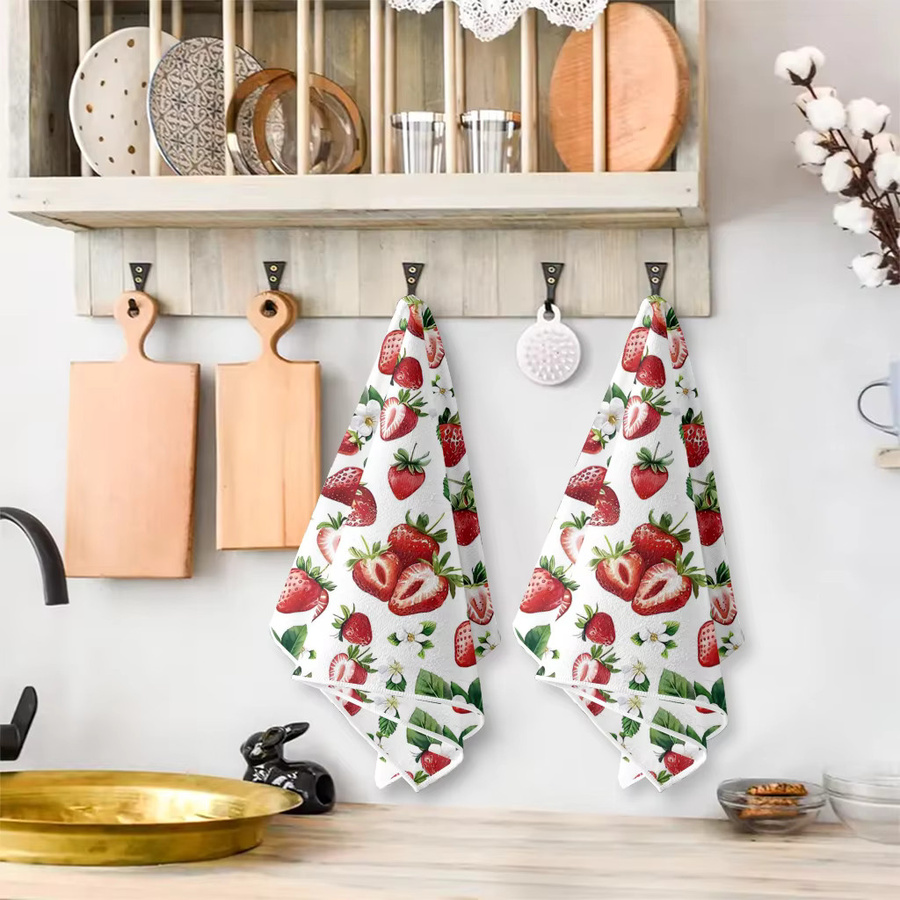 Yuanqi Küchentücher Set mit Erdbeerblüten-Motiv in Rot und Mehrfarbig, 2 Stück, super saugfähig, B: 60 cm, H: 40 cm - Bild 4