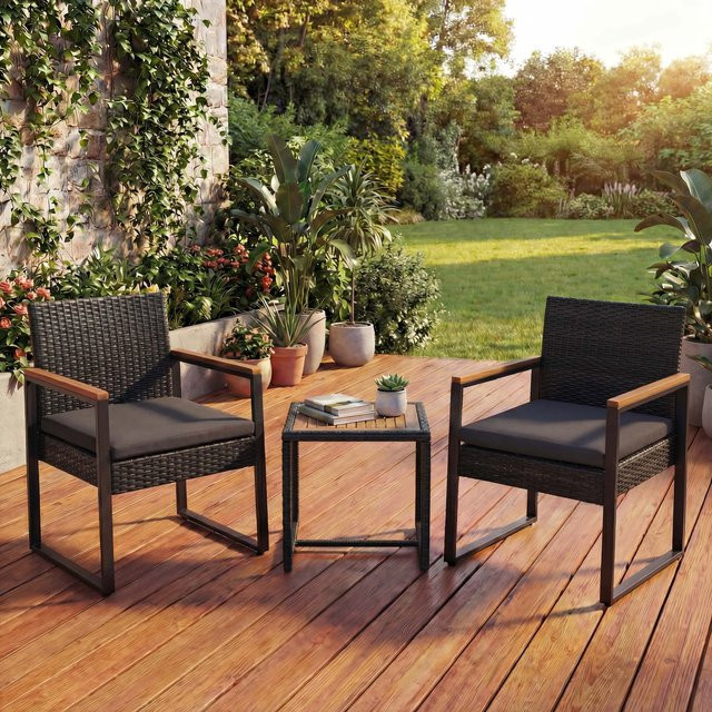 MCW Poly-Rattan Lounge-Set Garten mit Tisch und 2 Stühlen aus Akazie Holz in Schwarz und Grau - Bild 1