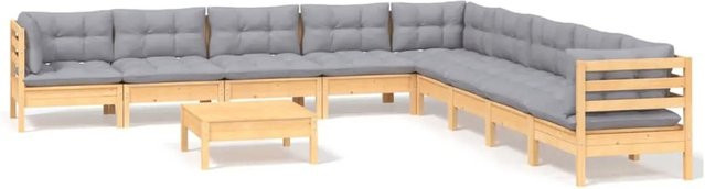 vidaXL 10-tlg. Garten-Lounge-Set aus massivem Kiefernholz mit grauen Polstern in Braun-Grau - Bild 1
