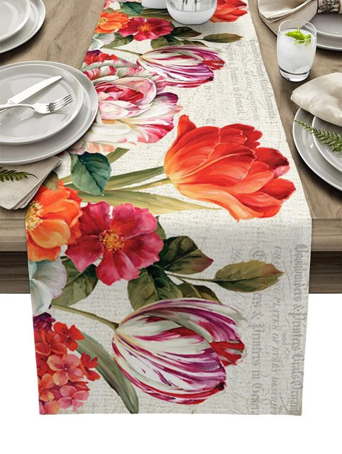 JINGYUE Pet Tischläufer aus Leinen mit Vintage Blumen Tulpen Ölmalerei Motiv, Mehrfarbig, B: 150 cm, T: 33 cm - Bild 1