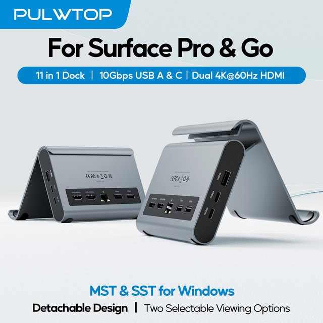 PULWTOP USB-C Dockingstation in Grau mit 2 x HDMI 4K, USB-C/A 10Gbps, USB-A 5Gbps und Ethernet für Microsoft Surface Pro 11/10/9/8 - Bild 1