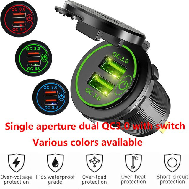LED-Autoladegerät mit Dual-USB und Touch-Schalter, wasserdichte Steckdose und Schnellladefunktion, Schwarz - Bild 1