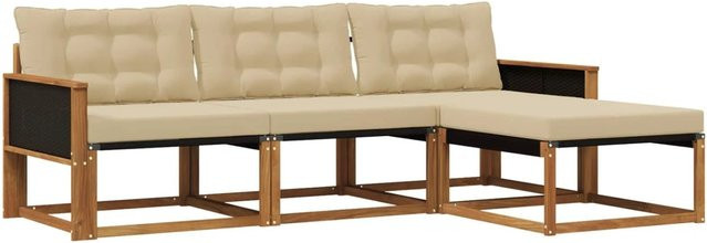 vidaXL Outdoor-Sofagarnitur L-Form aus Akazienholz mit Kissen und Ottoman in Beige und Braun - Bild 1