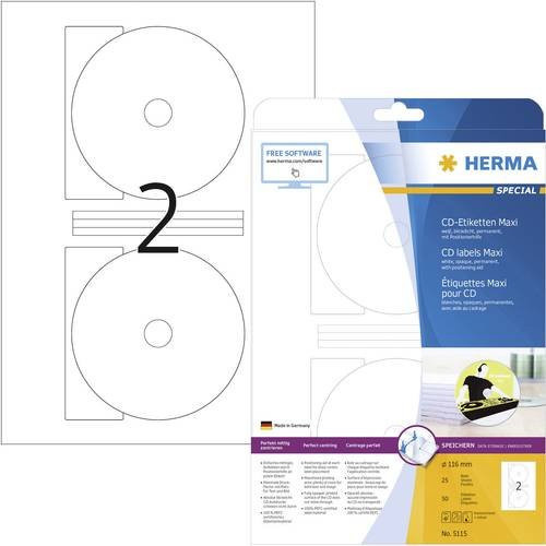 Herma 5115 CD-Etiketten aus Papier in Weiß, Ø 116 mm, 50 Stück, universell einsetzbar für Tintenstrahldrucker und Laserdrucker - Bild 1