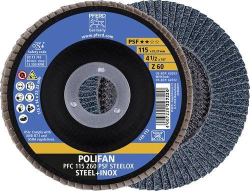 PFERD POLIFAN PSF STEELOX Fächerscheibe für Stahl und Edelstahl, Durchmesser: 115 mm, Bohrung: 22,23 mm - Bild 1