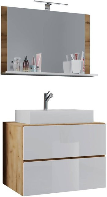 VCM Möbel Waschplatz Lendas 3-teiliges Badezimmermöbel-Set in Weiß und Eiche Honig mit Keramik-Waschbecken, Unterschrank mit zwei Schubladen und Spiegel mit Ablage, B/H/T: 60 x 52 x 52 cm - Bild 1