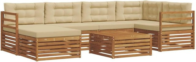 vidaXL Outdoor-Sofagarnitur 7-teilig aus Akazienholz mit Kissen in Natur und Beige - Bild 1