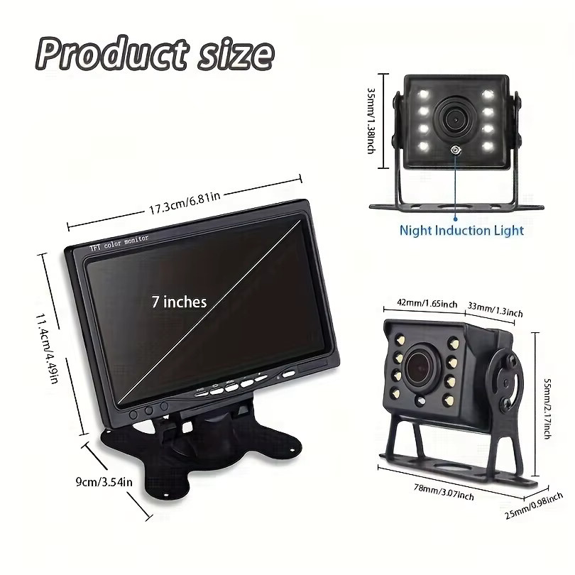 QueenDer HD-TFT-Farbmonitor mit 17,78 cm Display und 8 LED-Rückfahrkamera in Schwarz mit 10,0 m RCA-Videokabel - Bild 2