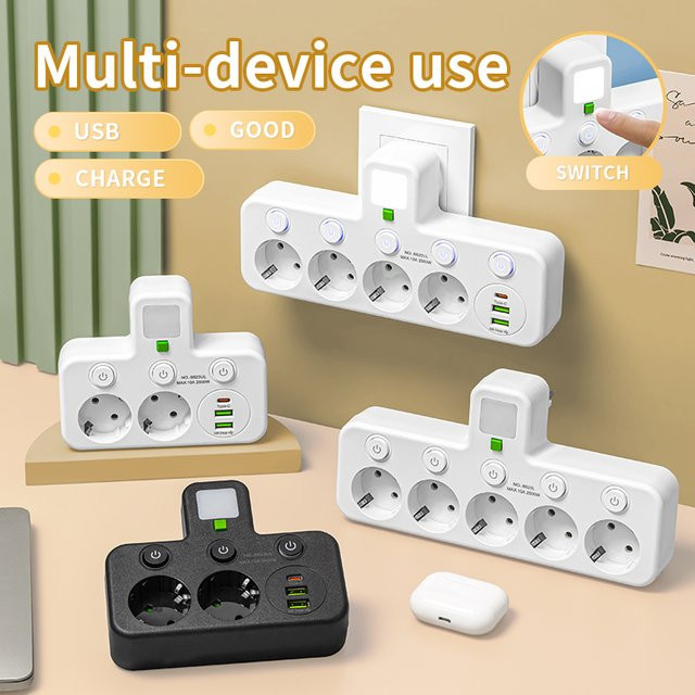 Szaoju 4-Wege EU-Wandsteckdosenleiste in Weiß mit 2 USB-A und 1 USB-C Ladeanschluss, 2500W Direktanschluss - Bild 1