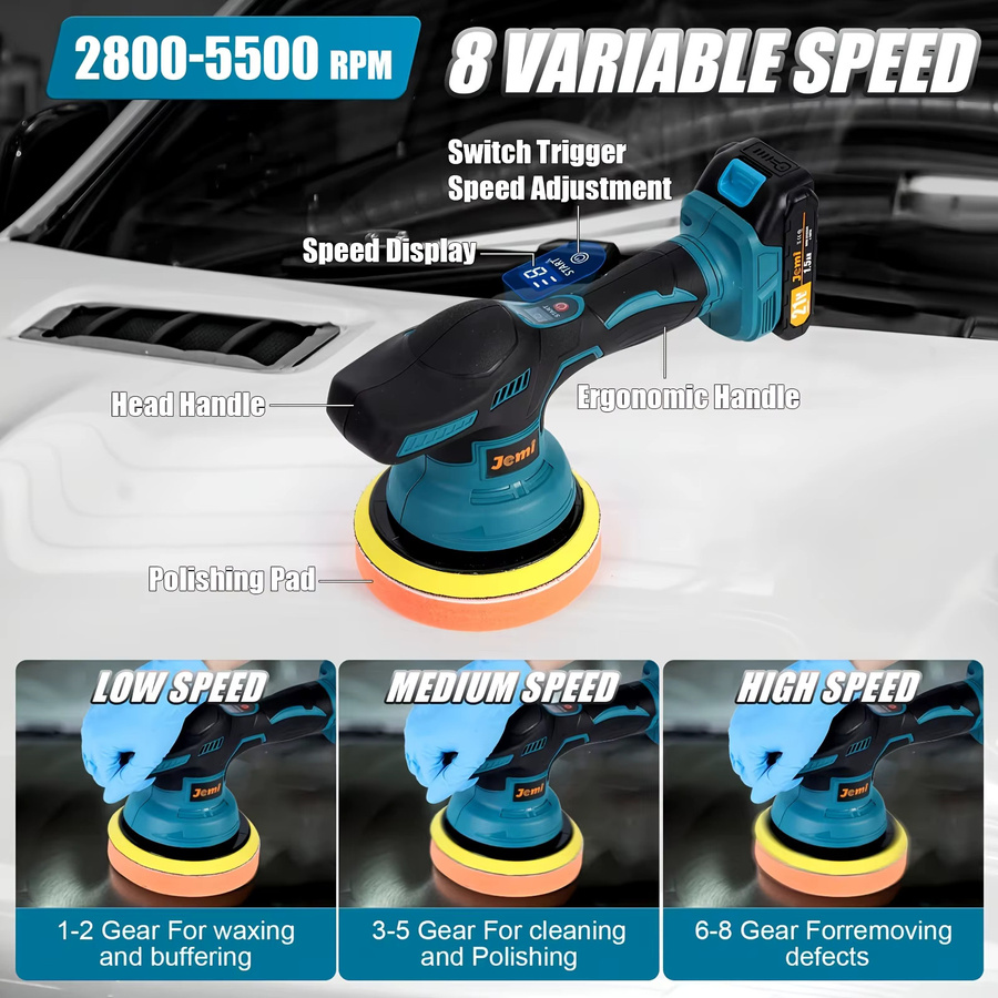 Jemi Tool 6-Zoll Akku-Poliermaschine mit Polierpad-Zubehör zum Reinigen, Polieren und Schleifen - Bild 2